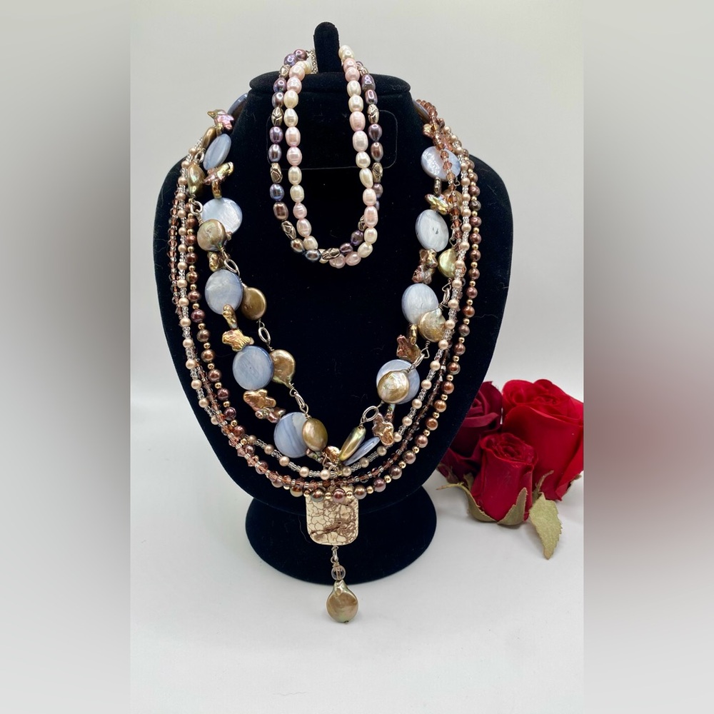Earthy Boho Freshwater Baroque Coin Pearl & Natural Stone Necklace Bracelet Lot